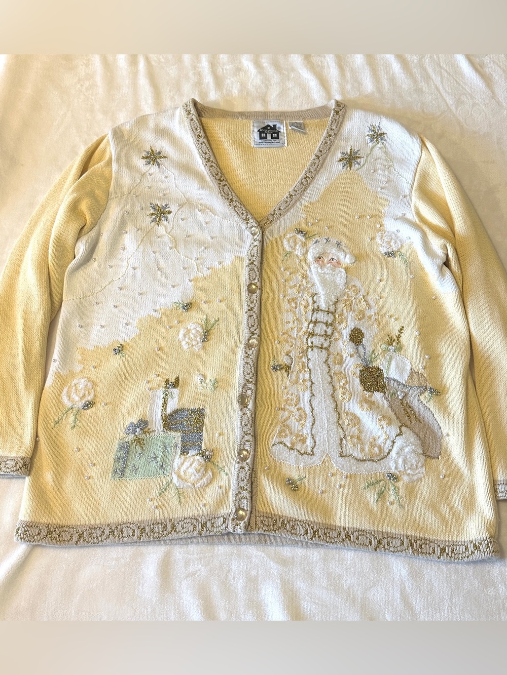 Vtg Storybook Knits Sweater Size 1X Father Christmas Santa Yellow Bead Cardigan